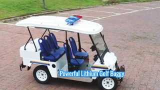 Assista: Carrinho de golfe elétrico de 5 lugares com luz de advertência equipado com vitrine de bateria de lítio de 48 V